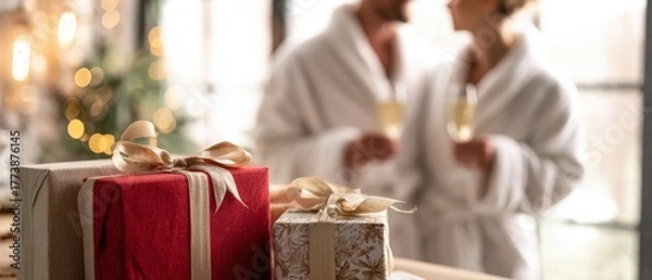 Fototapeta The gift boxes in foreground with blurred couple sharing champagne by festive lights