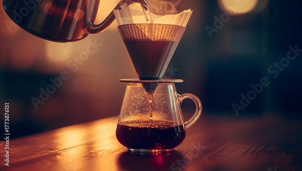 Obraz The art of pour-over coffee preparation, a close-up of brewing aromatic drip coffee for a perfect morning cup