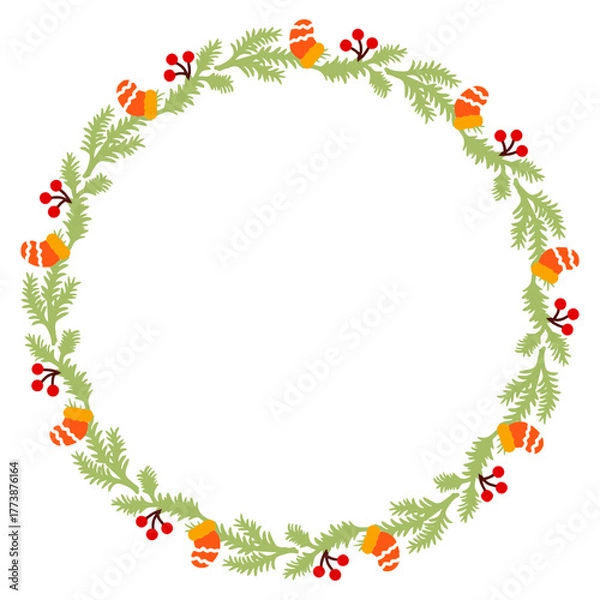 Obraz Christmas Wreath with Mittens and Berries in Flat Vector Style for Holiday Greeting Cards, Invitations, and Decorations.