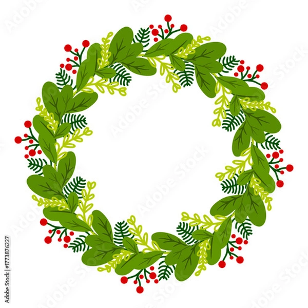 Obraz Green Christmas wreath with leaves and red berries in flat illustration style for holiday cards, invitations, and winter decorations.