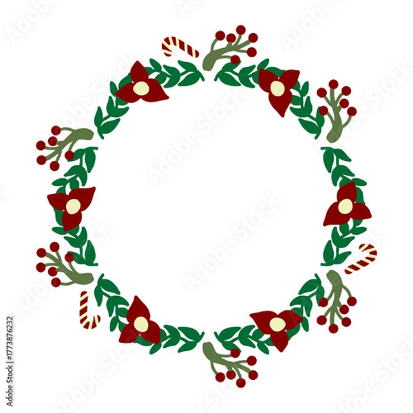 Obraz Christmas wreath with red flowers and candy cane in flat illustration style for holiday greeting cards, invitations, and festive decorations.