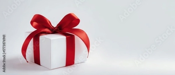Fototapeta The Gift Box with Red Satin Bow on Minimal White Background for Celebrations