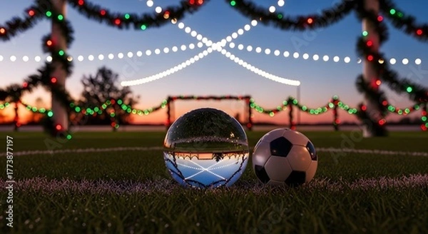 Obraz Soccer ball and crystal ball on grass field decorated for christmas at dusk time