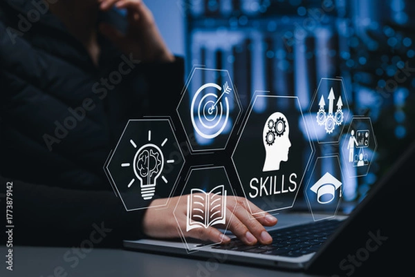 Fototapeta Skills development concept. Person using laptop with digital icons of learning, innovation, training, goal achievement, representing personal growth, education technology, professional advancement,