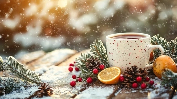 Fototapeta A cozy winter scene with a cup of hot tea, a slice of lemon, and a sprig of holly on a wooden table with snow falling.