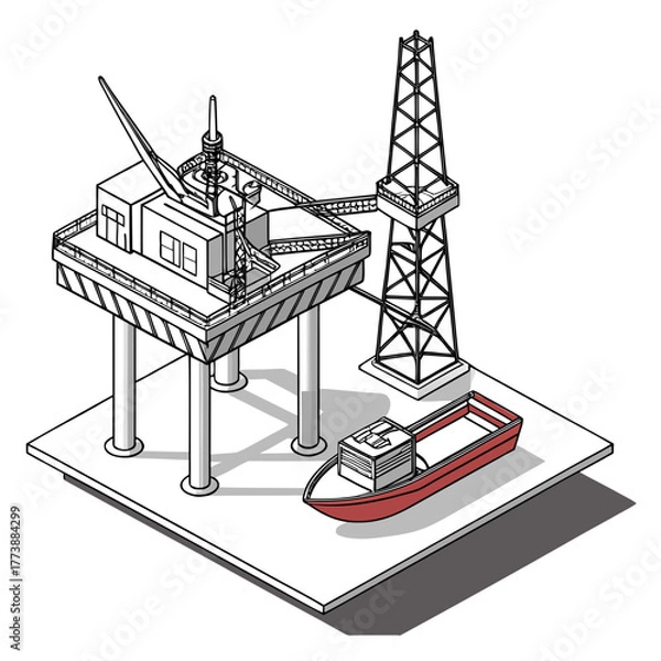 Obraz Isometric illustration of an offshore oil rig with a drilling derrick and a supply boat