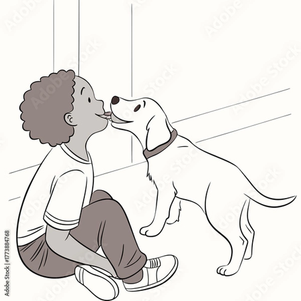 Obraz A happy young boy with curly hair is sitting on the floor and getting a kiss from his playful dog