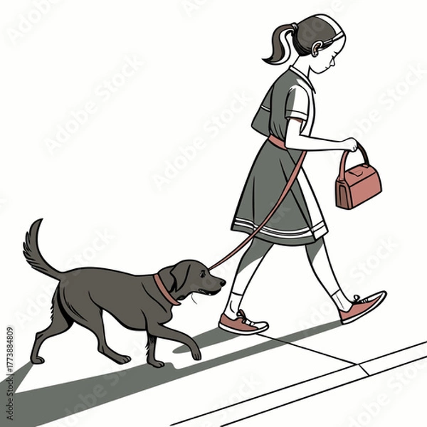 Obraz Young girl in a dress and sneakers walks her dark colored dog on a leash carrying a purse