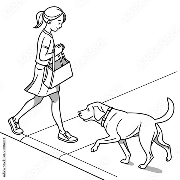 Obraz Young girl with a ponytail walking her dog on a sidewalk carrying a tote bag