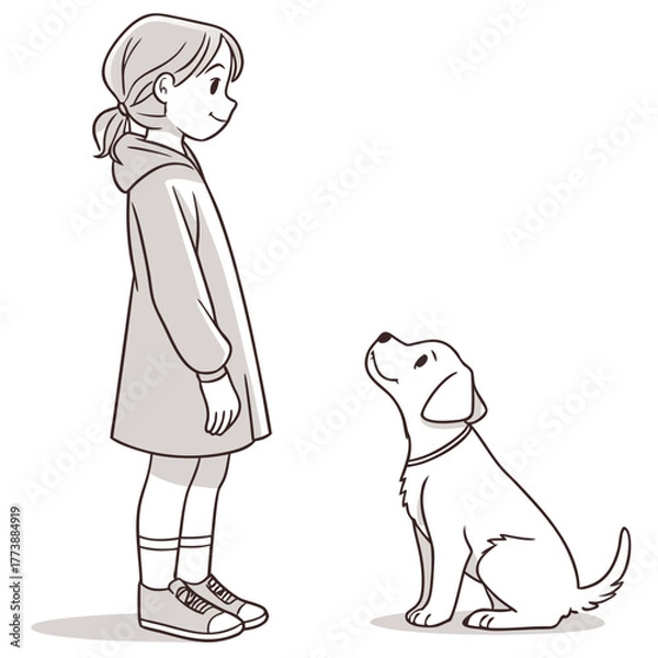 Obraz A young girl in a dress and sneakers stands looking at a cute happy dog sitting and looking up at her