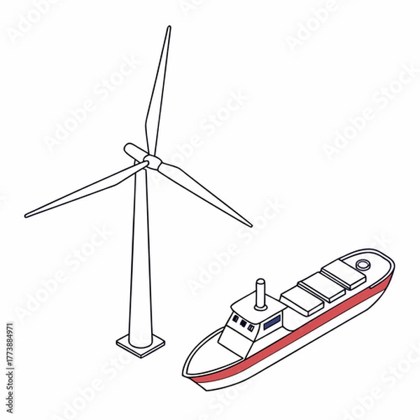 Obraz Stylized isometric illustration of a wind turbine and a cargo ship on a white background