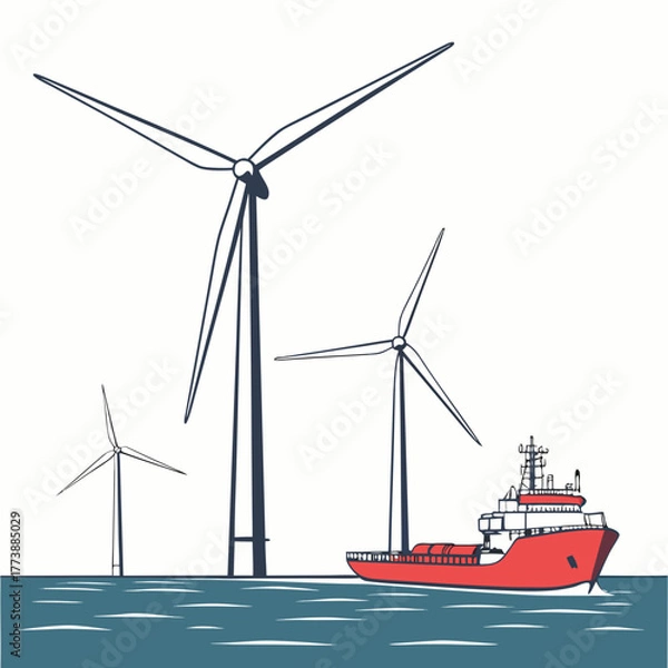 Obraz Offshore wind turbines and a red support vessel sailing on the ocean water surface