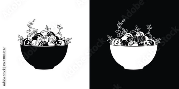 Fototapeta Decorative Offering Bowl Vector with Leaves and Sweets, Black and White Symbol of Prosperity, Tradition, and Spiritual Blessings