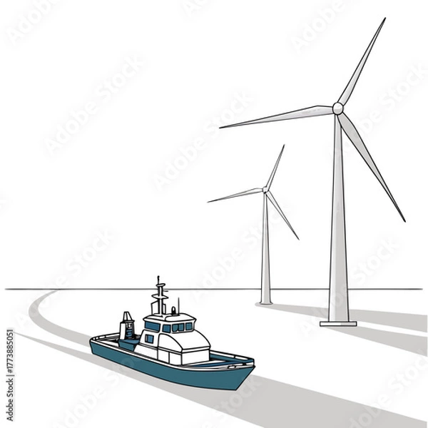 Obraz A boat sails on the water near large wind turbines generating clean energy