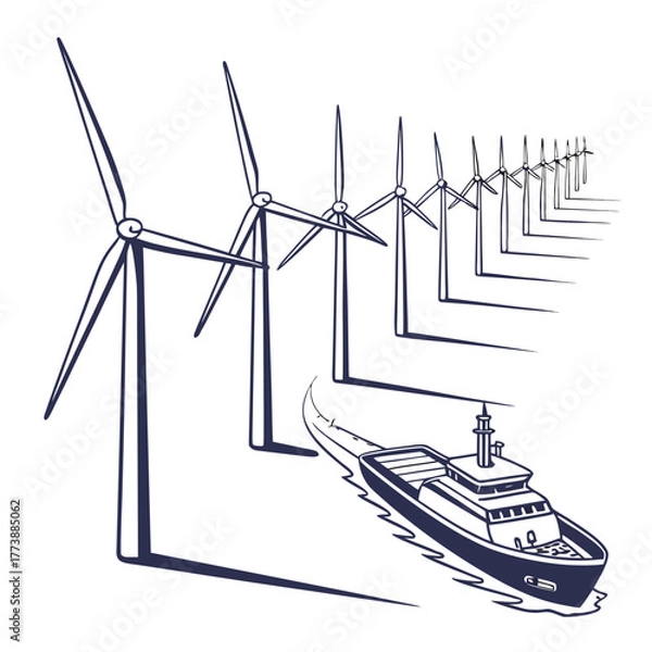 Obraz A line of wind turbines stands tall on the coast as a cargo ship sails on the ocean below