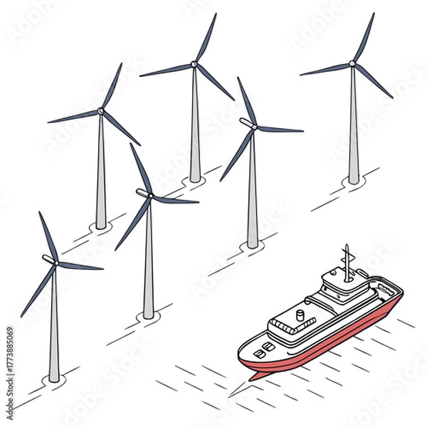 Obraz Offshore wind farm with multiple turbines and a service boat sailing on the water