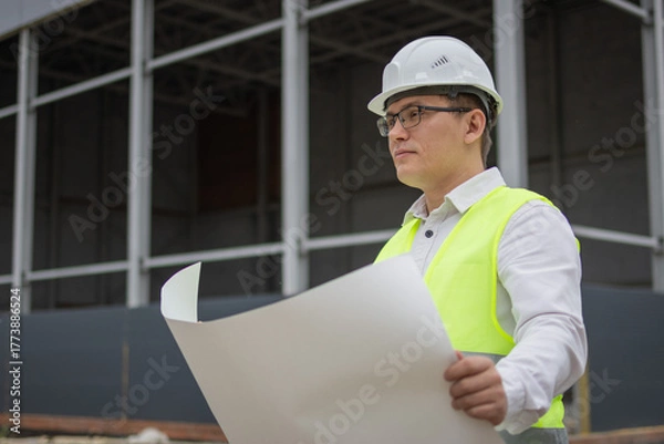 Fototapeta Engineer at a construction site. Building under construction..High quality photo