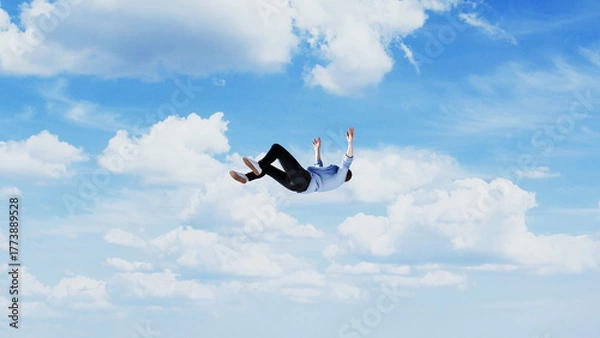 Fototapeta Man falling freely through the sky among clouds, concept of losing control, failure or sudden downfall, 3d render