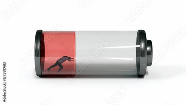 Fototapeta Man inside low battery pushing forward to recharge, concept of energy depletion and the need for power, 3d render