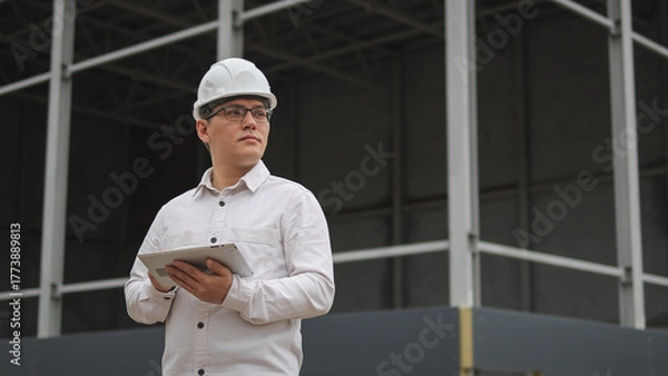 Fototapeta Engineer at a construction site. An ambitious project. High-quality photo.