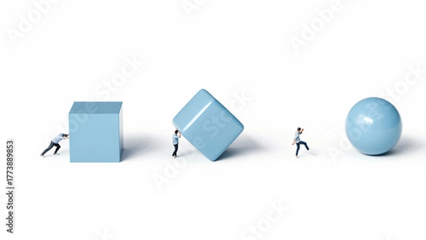 Fototapeta Man evolving from pushing a cube to kicking a sphere with ease, showing how progress improves with consistency, 3d render