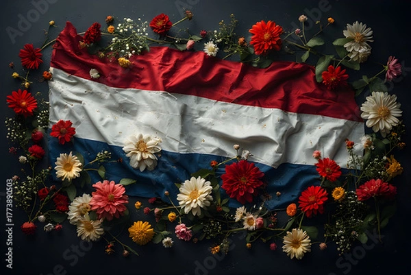 Fototapeta a black and white Netherlands independence Day celebration abstract background in national flag colours with flowers.