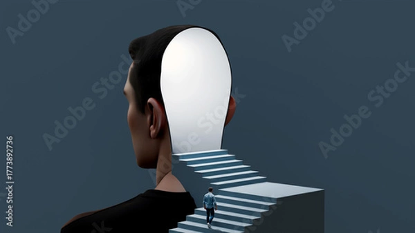Fototapeta Man climbing stairs into a giant human head, concept of exploring thoughts and inner awareness, 3d render