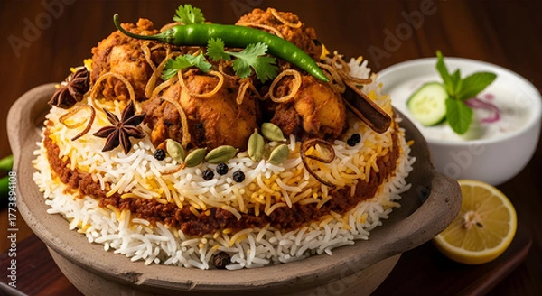 Obraz Chicken Biryani served in Clay Pot with Raita and Lemon | Authentic Indian Cuisine for Restaurant Menus, Food Blogs, and Festive Occasions