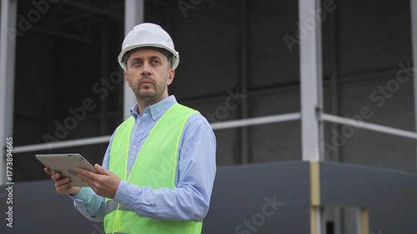 Fototapeta Tablet. Engineer at a construction site.High quality photo