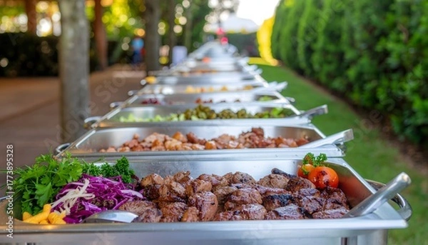 Fototapeta Catering Buffet with Grilled Meat and Vegetables