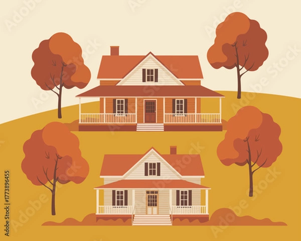 Obraz Charming illustration of traditional homes with inviting wraparound porches, white siding, red-orange roofs, and autumn trees on a rolling rural landscape