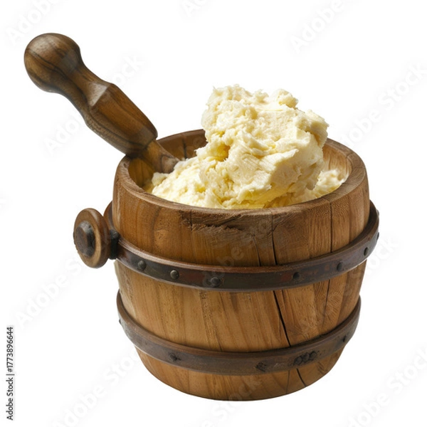 Fototapeta Wooden butter churn with fresh butter isolated on transparent background