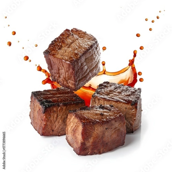 Fototapeta Grilled Steak Cubes Splashing with Sauce Drops