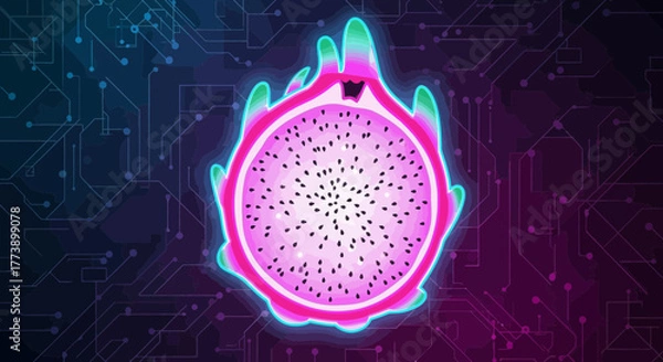 Fototapeta Digital Dragon Fruit Slice on Circuit Board Background Tech Food Fusion