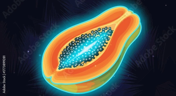 Fototapeta Vibrant Glowing Papaya Halved, set Against a Deep Night Sky Backdrop
