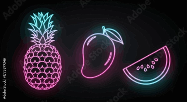 Fototapeta Vibrant Neon Fruit Trio on Black Backdrop Creates Playful Design Composition