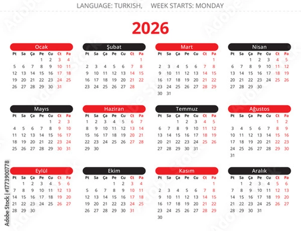 Fototapeta 2026 year turkish calendar with black and red colors. Vector illustration Turkey - turk takvimi