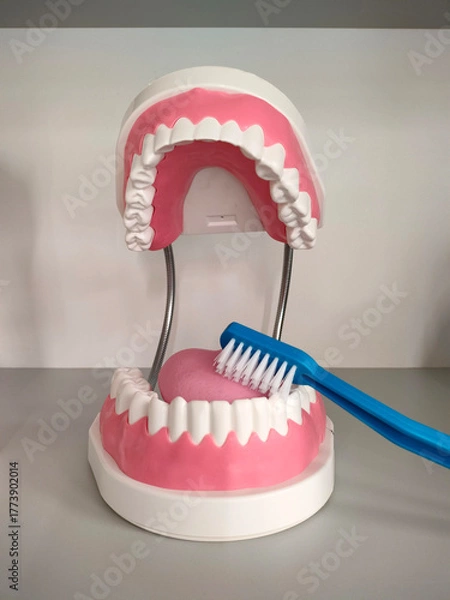 Fototapeta Human jaw model. A model of teeth and a toothbrush to learn more about dentistry.