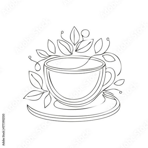 Fototapeta Minimalist continuous line drawing of a cup of tea on a saucer surrounded by fresh leaves