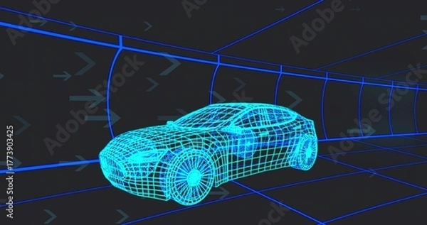 Obraz Showing cyan wireframe car model within virtual tunnel, with neon gridlines and arrow icons