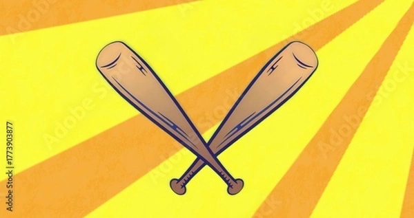 Fototapeta Featuring two crossed wooden baseball bats standing out against graphic art, with orange rays