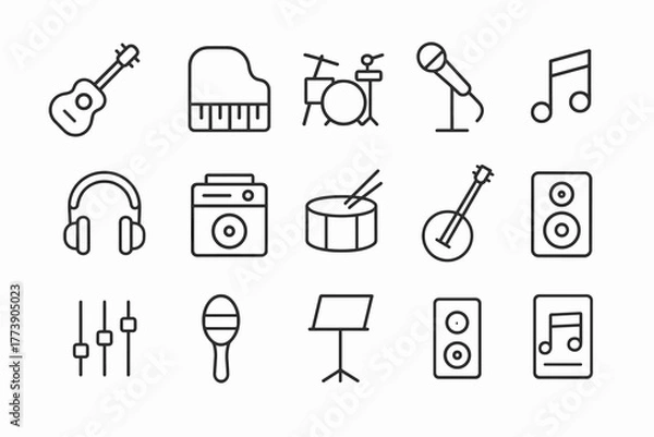 Fototapeta Minimalist music icon set featuring instruments and equipment for creative design