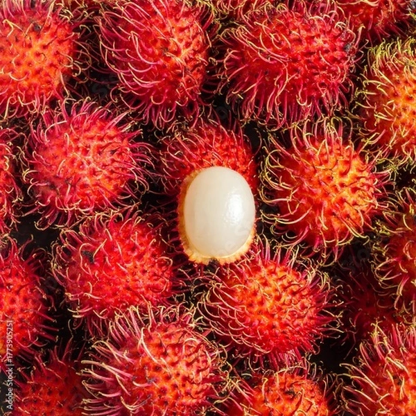 Fototapeta Close-up of Rambutan Fruit with One Peeled Showing White Flesh.