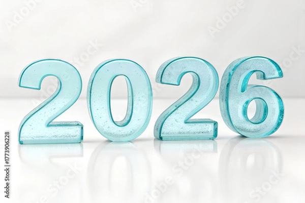 Obraz Translucent ice-blue “2026” digits on reflective surface with soft white gradient—minimalist, modern scene evoking clarity, renewal, and future vision. generative ai