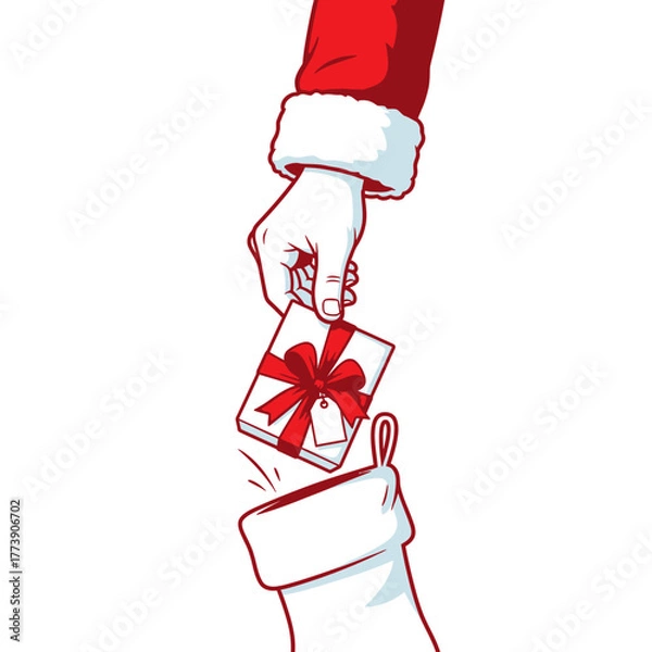 Obraz Santa's hand placing a wrapped gift with a red bow into a christmas stocking on a white background