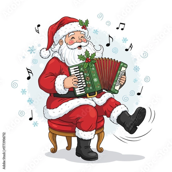 Obraz Santa claus playing accordion sitting on a stool with musical notes and snowflakes around him