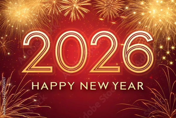 Obraz Glowing gold “2026” and “HAPPY NEW YEAR” text over red background with fireworks—vibrant celebration scene radiating festivity, grandeur, and joyful anticipation. generative ai