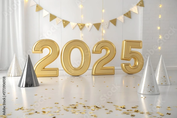 Obraz Gold balloon “2025” with party hats, confetti, and bunting in bright setting—joyful New Year scene radiating celebration, warmth, and festive anticipation. generative ai