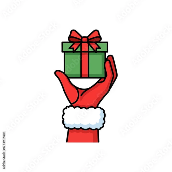 Obraz A cartoon hand in a red santa glove holding a green gift box with a red bow on a white background
