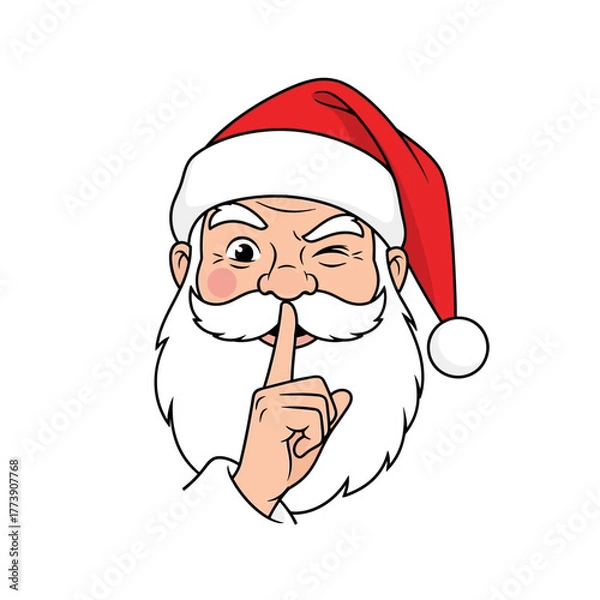 Obraz A cartoon santa claus winking with a finger to his lips indicating silence on a white background